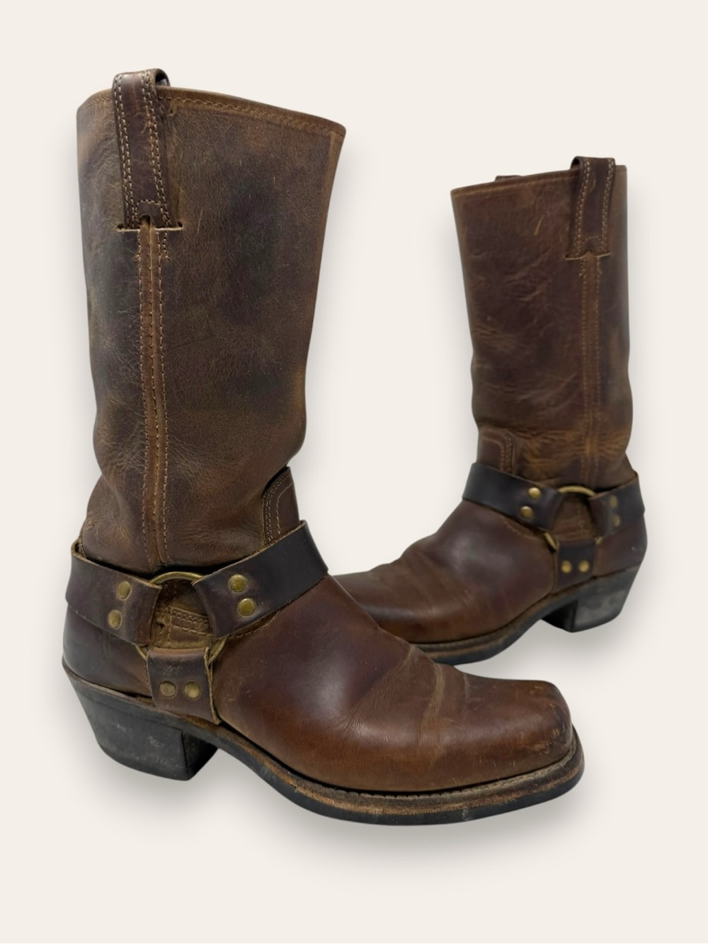 FRYE Harness 12R Leather Belted Western Moto Boot Brown Square Toe 8 Women’s